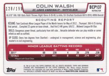 2012 Bowman Chrome - Prospects Purple Refractor #BCP137 Colin Walsh Back