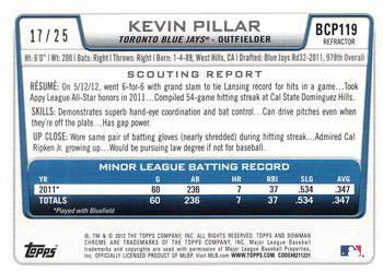 2012 Bowman Chrome - Prospects Red Wave #BCP119 Kevin Pillar Back