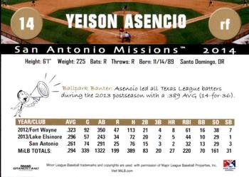 2014 Grandstand San Antonio Missions #1 Yeison Asencio Back