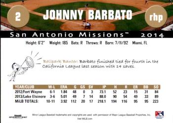 2014 Grandstand San Antonio Missions #2 Johnny Barbato Back