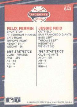 1988 Fleer #643 Felix Fermin / Jessie Reid Back