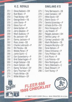 1988 Fleer #656 Checklist: Yankees / Reds / Royals / A's Back