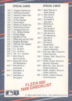 1988 Fleer #660 Checklist: Padres / Indians / Special Cards Back