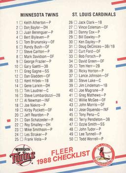 1988 Fleer #654 Checklist: Twins / Cardinals / Tigers / Giants Front