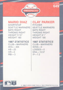 1988 Fleer #649 Mario Diaz / Clay Parker Back