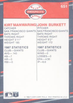 1988 Fleer #651 Kirt Manwaring / John Burkett Back