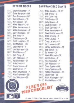 1988 Fleer #654 Checklist: Twins / Cardinals / Tigers / Giants Back