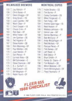 1988 Fleer #655 Checklist: Mets / Blue Jays / Brewers / Expos Back
