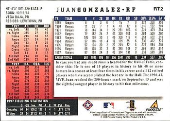1998 Score Rookie & Traded #RT2 Juan Gonzalez Back