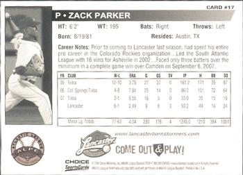 2008 Choice Lancaster Barnstormers #17 Zack Parker Back