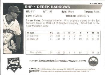 2009 Choice Lancaster Barnstormers #2 Derek Barrows Back