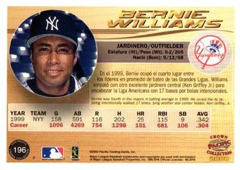 2000 Pacific Crown Collection - Holographic Purple #196 Bernie Williams  Back