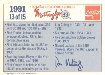 1991 Coca-Cola Mattinglys' 23 #13 Don Mattingly Back