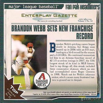 2009 Enterplay MLB Fan Pak #12 Brandon Webb Back