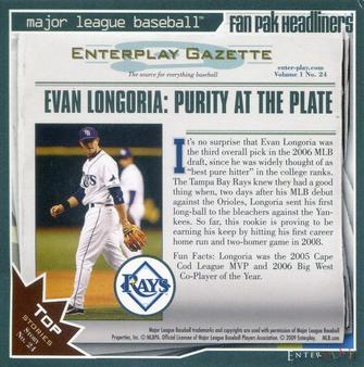 2009 Enterplay MLB Fan Pak #24 Evan Longoria Back