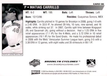 2009 Choice Brooklyn Cyclones #06 Matias Carrillo Back