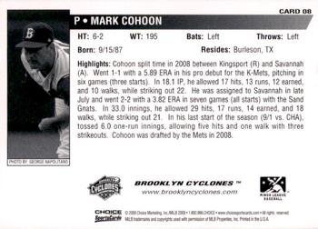 2009 Choice Brooklyn Cyclones #08 Mark Cohoon Back