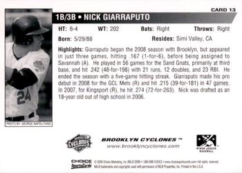 2009 Choice Brooklyn Cyclones #13 Nick Giarraputo Back