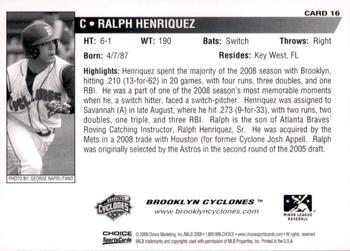2009 Choice Brooklyn Cyclones #16 Ralph Henriquez Back