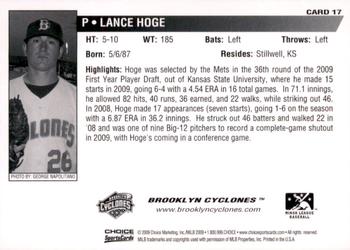2009 Choice Brooklyn Cyclones #17 Lance Hoge Back