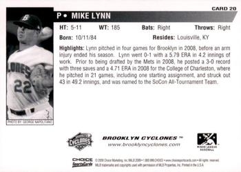 2009 Choice Brooklyn Cyclones #20 Mike Lynn Back