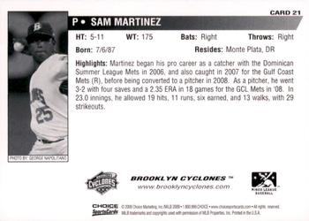 2009 Choice Brooklyn Cyclones #21 Sam Martinez Back