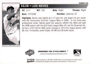2009 Choice Brooklyn Cyclones #24 Luis Nieves Back