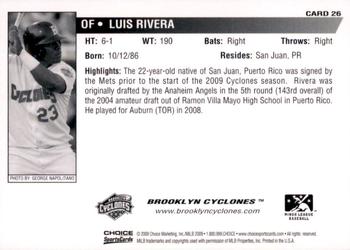 2009 Choice Brooklyn Cyclones #26 Luis Rivera Back