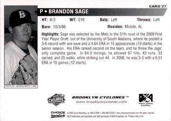 2009 Choice Brooklyn Cyclones #27 Brandon Sage Back