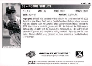 2009 Choice Brooklyn Cyclones #30 Robbie Shields Back