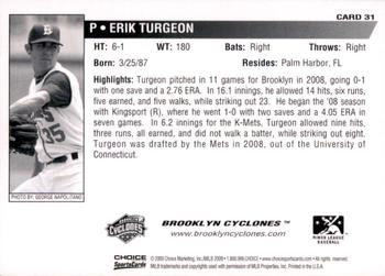 2009 Choice Brooklyn Cyclones #31 Erik Turgeon Back