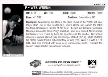 2009 Choice Brooklyn Cyclones #33 Wes Wrenn Back