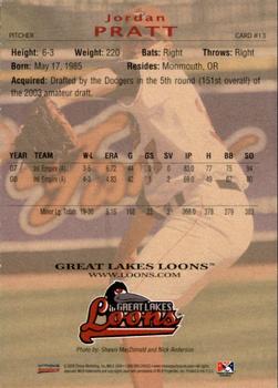 2009 Choice Great Lakes Loons #13 Jordan Pratt Back