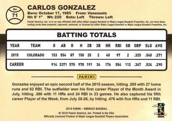 2016 Donruss #71 Carlos Gonzalez Back
