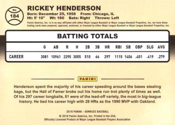2016 Donruss #184 Rickey Henderson Back
