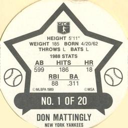 1989 Super Stars Discs #1 Don Mattingly Back