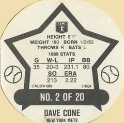 1989 Super Stars Discs #2 David Cone Back