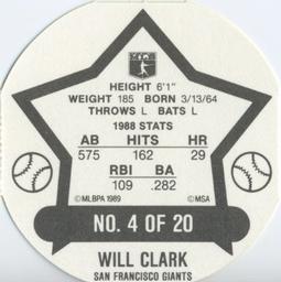 1989 Super Stars Discs #4 Will Clark Back