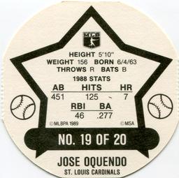 1989 Super Stars Discs #19 Jose Oquendo Back