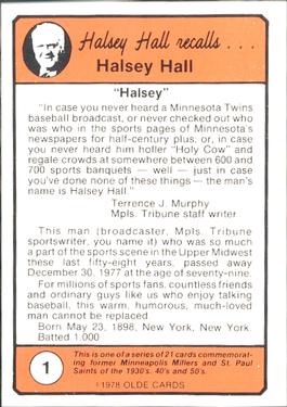 1978 Olde Cards Halsey Hall Recalls #1 Halsey Hall Back