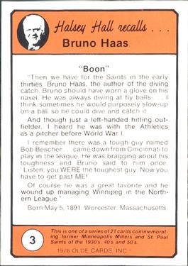 1978 Olde Cards Halsey Hall Recalls #3 Bruno Haas Back