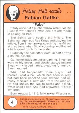 1978 Olde Cards Halsey Hall Recalls #4 Fabian Gaffke Back