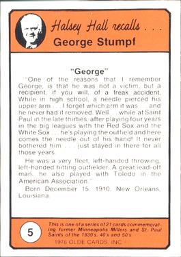 1978 Olde Cards Halsey Hall Recalls #5 George Stumpf Back