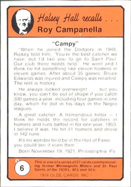 1978 Olde Cards Halsey Hall Recalls #6 Roy Campanella Back
