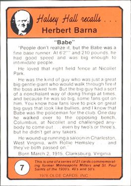1978 Olde Cards Halsey Hall Recalls #7 Herb Barna Back