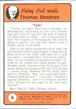 1978 Olde Cards Halsey Hall Recalls #8 Tom Sheehan Back