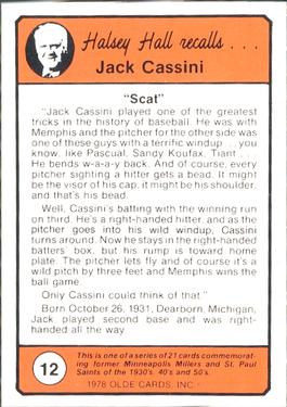 1978 Olde Cards Halsey Hall Recalls #12 Jack Cassini Back