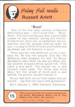 1978 Olde Cards Halsey Hall Recalls #15 Buzz Arlett Back