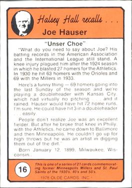 1978 Olde Cards Halsey Hall Recalls #16 Joe Hauser Back