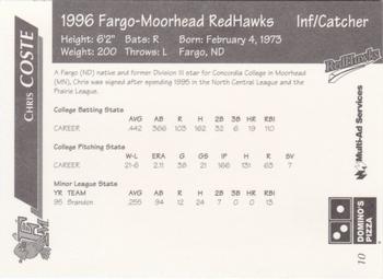 1996 Multi-Ad Fargo-Moorhead RedHawks #10 Chris Coste Back